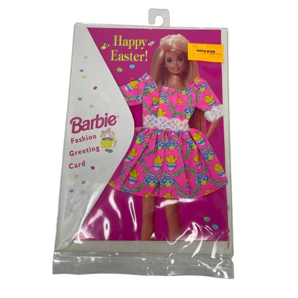 Vintage 1995 Barbie HAPPY EASTER Outfit Greeting Card PINK baby Chick LACE Dress - Picture 1 of 5